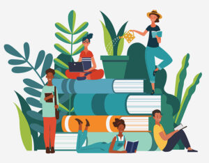 diverse people studying and gardening on a stack of books and plants